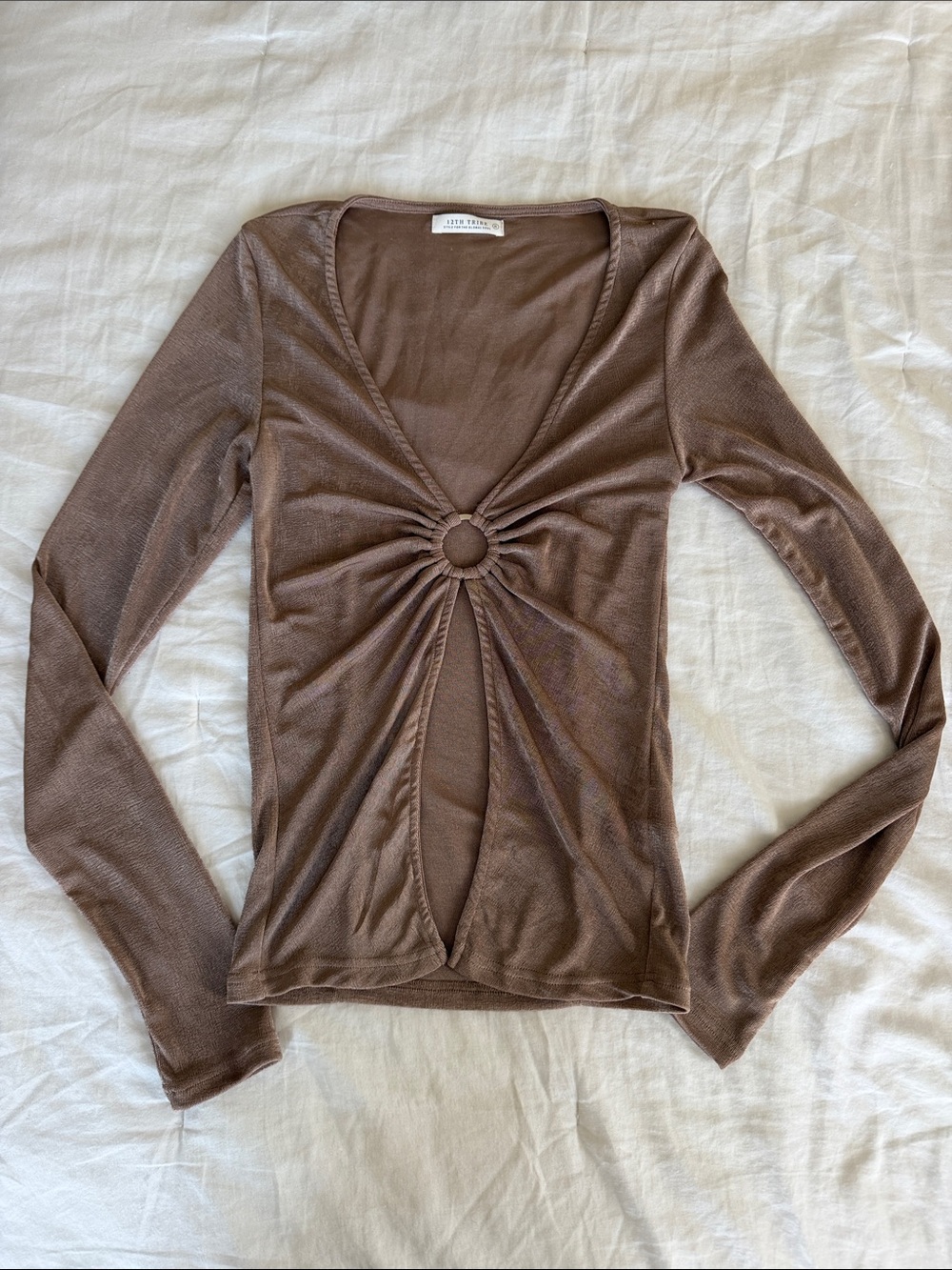 Brown Long Sleeve Ring-Front Top